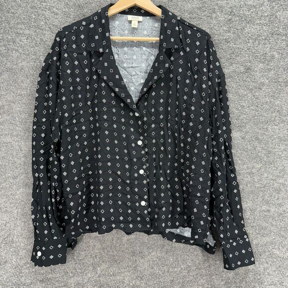 a.n.a. Shirt Women XL Black Geometric Button Up Collared Long Sleeve Rayon - Picture 1 of 7